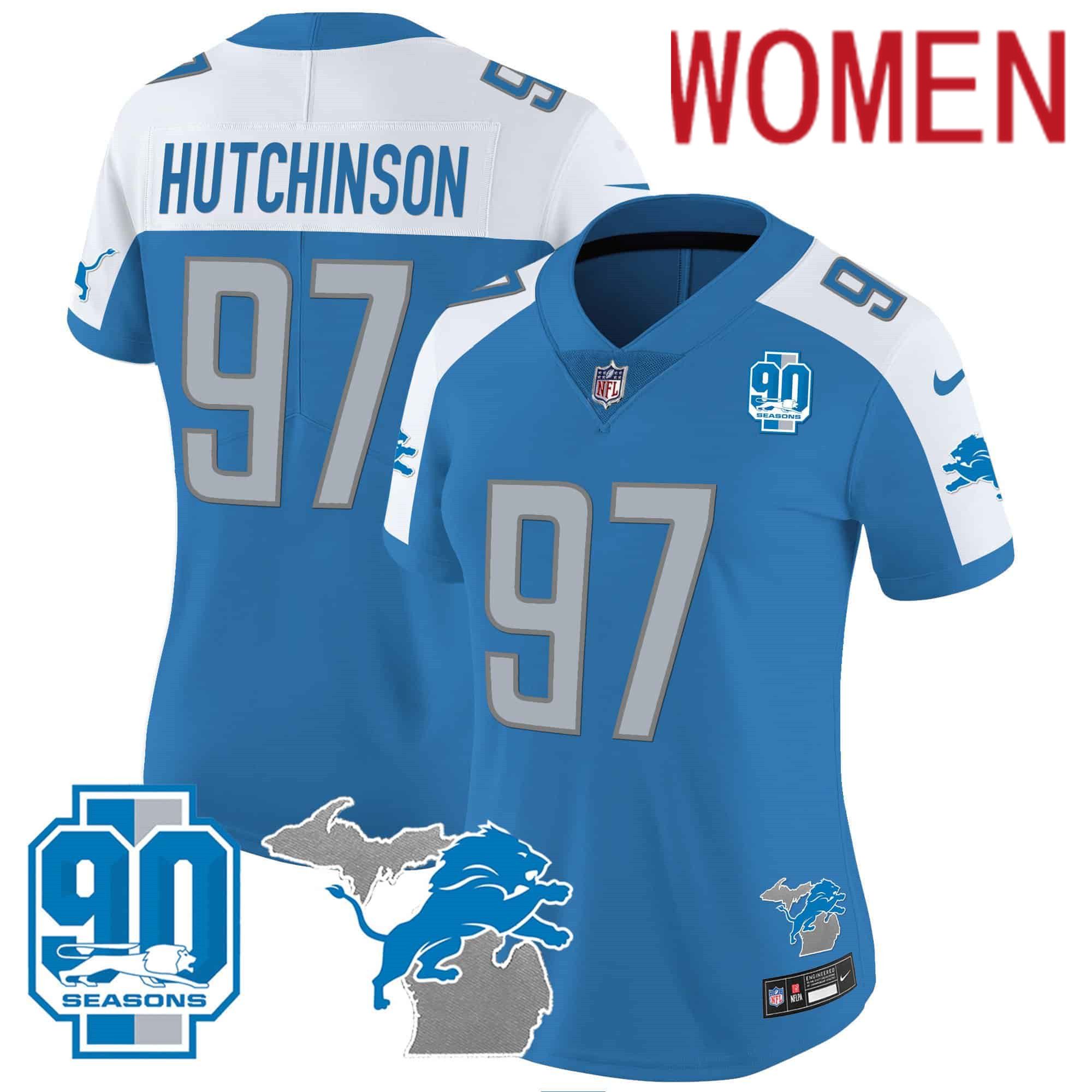 Women Detroit Lions #97 Hutchinson Blue 2024 Nike 90th Year Michigan Patch Vapor NFL Jersey